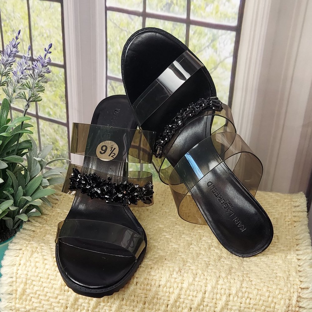 KARL LAGERFELD PARIS BRENTLY 3 BAND HIGH HEEL SLIDE SANDALS (9.5) - Picture 5 of 15